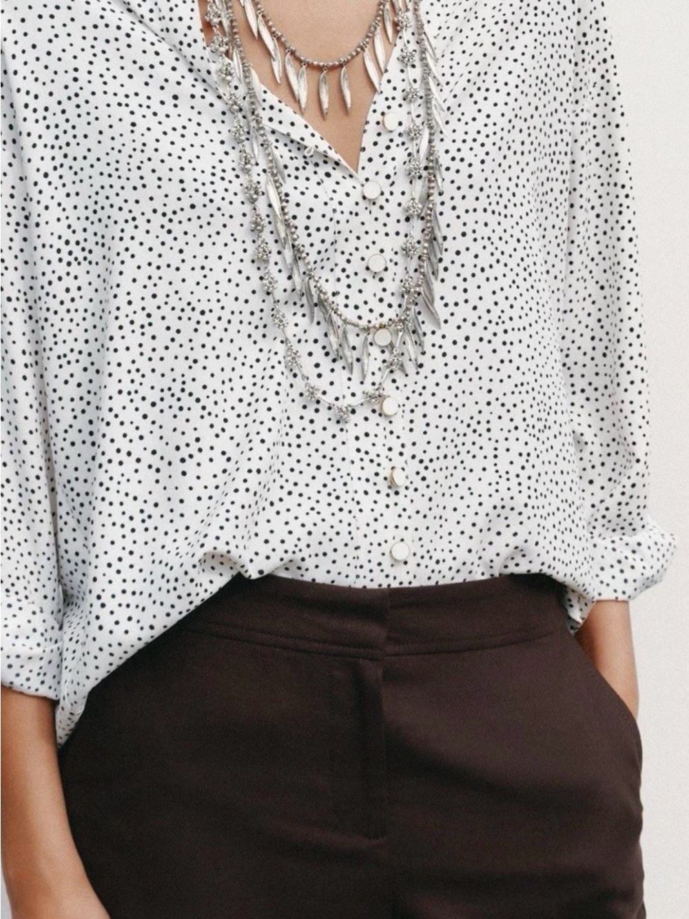 Zara White Button-Down Blouse with Black Polka Dots
